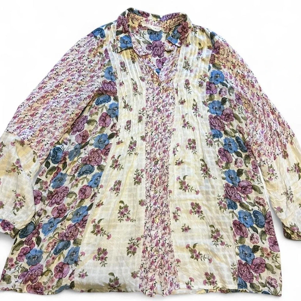 Boho floral patchwork button up shirt with long‎ sleeves